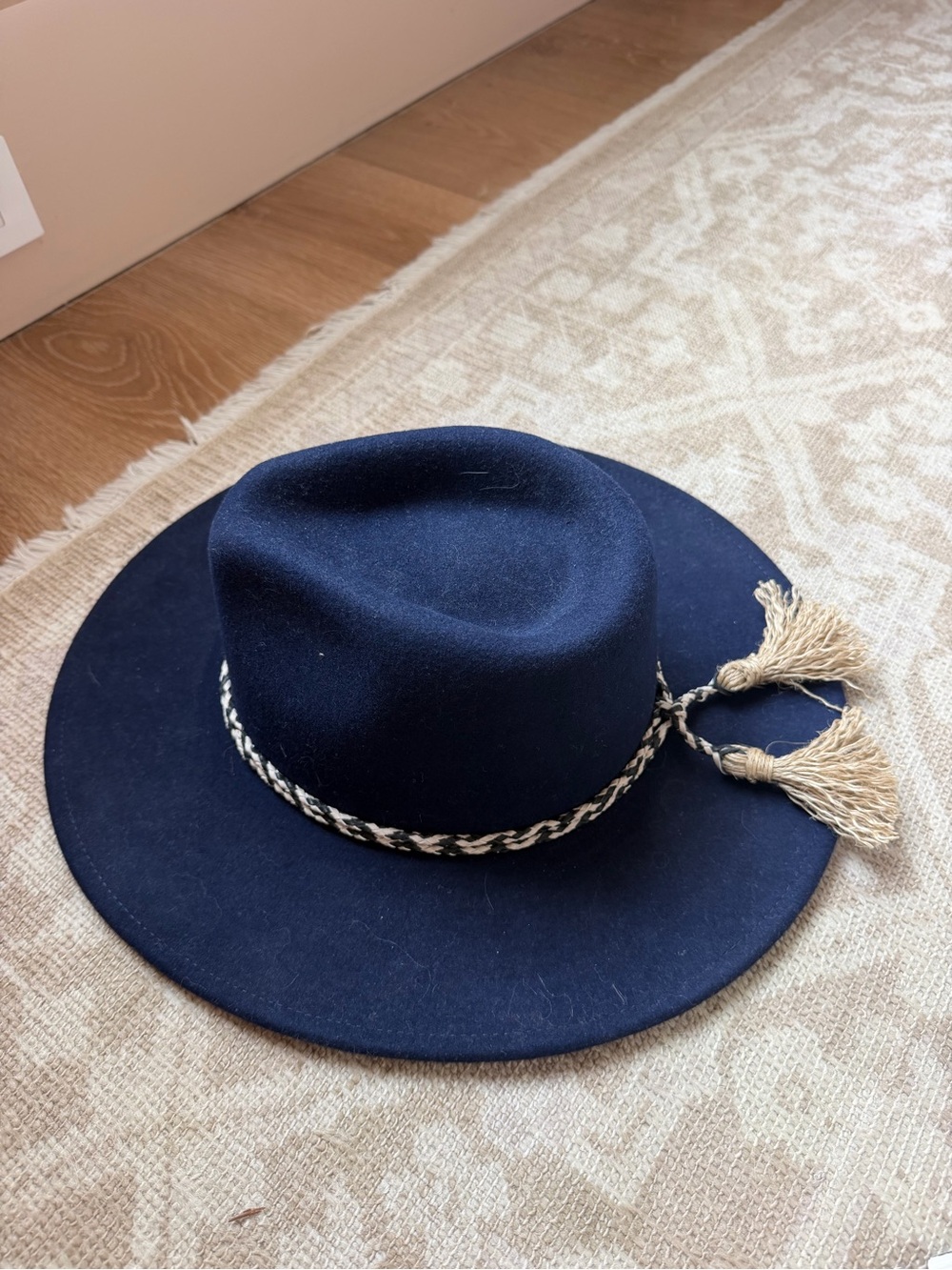 Navy Wide-Brim Wool Hat with Braided Trim and Tassels